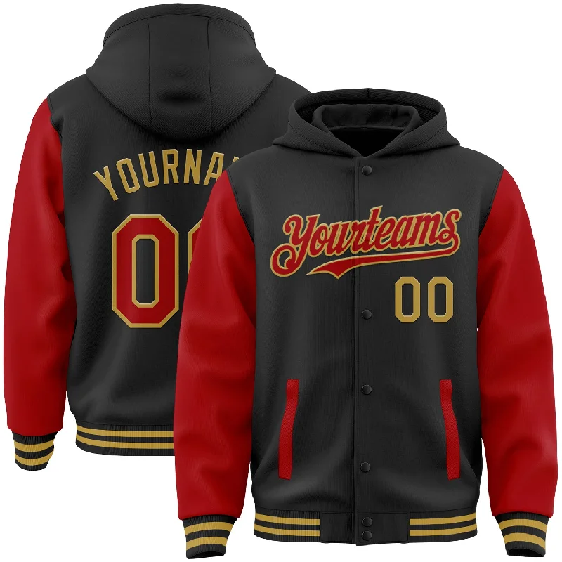 Fishing tackle utility case-Custom Black Red-Old Gold Bomber Full-Snap Varsity Letterman Two Tone Hoodie Jacket