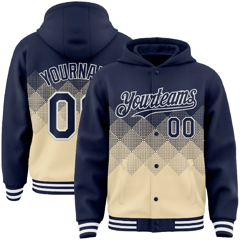 Fishing line knot control-Custom Navy Cream-White Gradient Square Shape 3D Pattern Design Bomber Full-Snap Varsity Letterman Hoodie Jacket