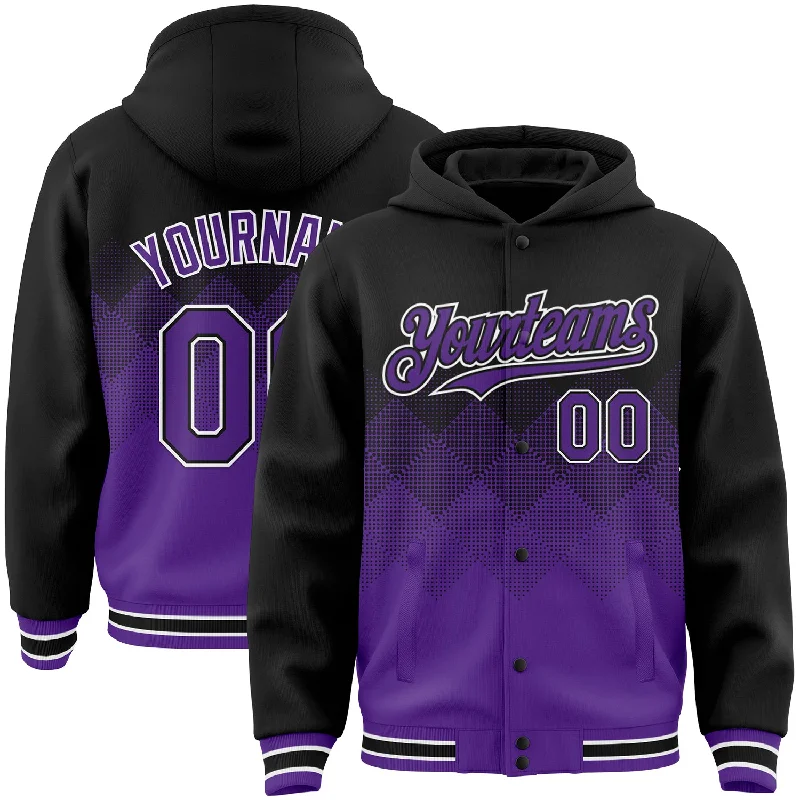 Fishing rod boat strap-Custom Black Purple-White Gradient Square Shape 3D Pattern Design Bomber Full-Snap Varsity Letterman Hoodie Jacket