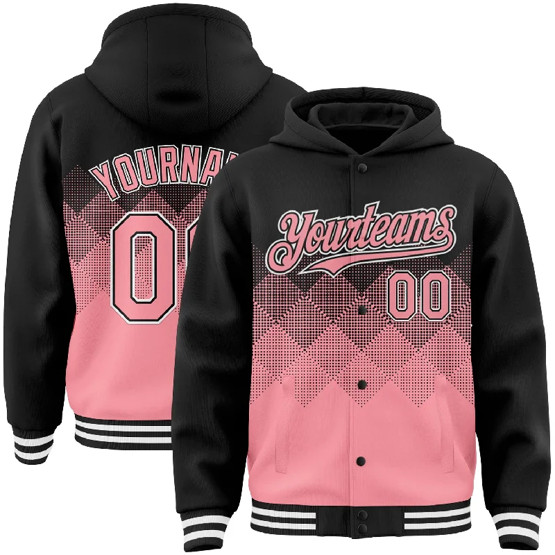 Fishing rod quick strap-Custom Black Medium Pink-White Gradient Square Shape 3D Pattern Design Bomber Full-Snap Varsity Letterman Hoodie Jacket