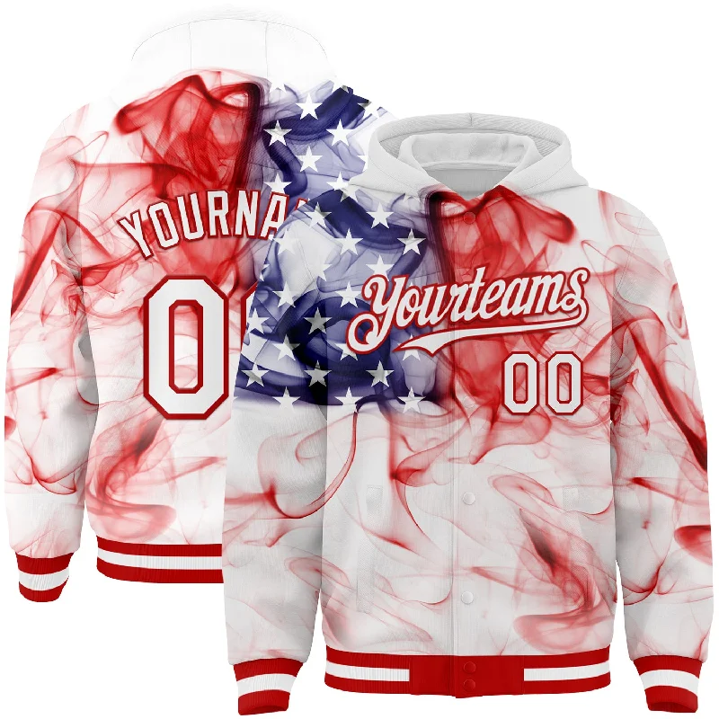 Fishing reel high hold-Custom White Red-Royal American Flag Fashion 3D Bomber Full-Snap Varsity Letterman Hoodie Jacket