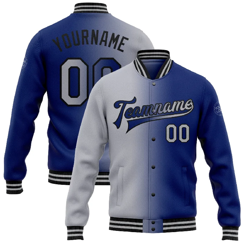 Fishing line thin control-Custom Royal Gray-Black Bomber Full-Snap Varsity Letterman Gradient Fashion Jacket