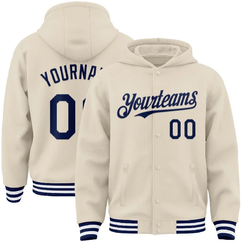 Fishing tackle durable case-Custom Cream Navy-White Bomber Full-Snap Varsity Letterman Hoodie Jacket