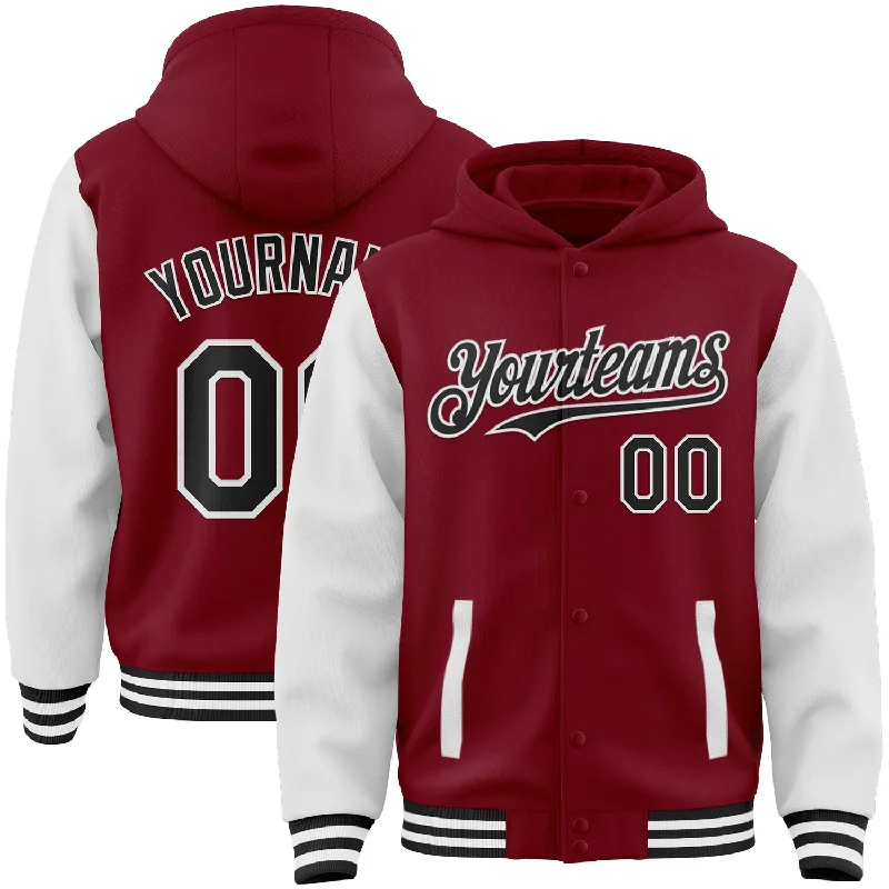 Fishing reel low spool-Custom Crimson Black-White Bomber Full-Snap Varsity Letterman Two Tone Hoodie Jacket