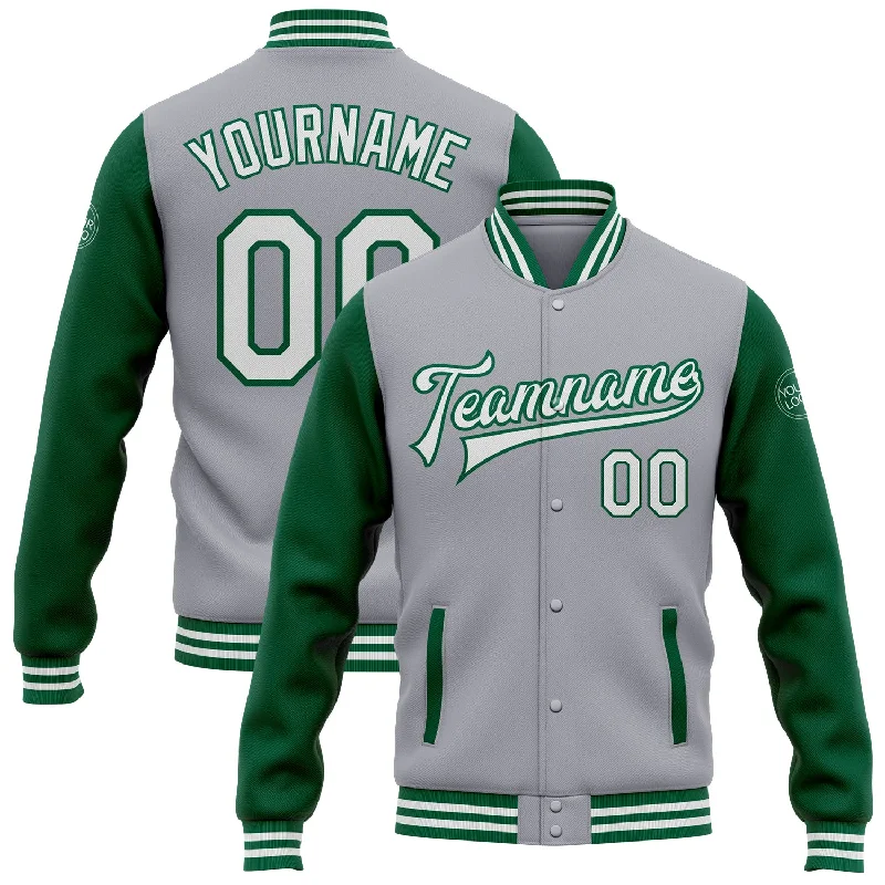 Fishing line knot protector-Custom Gray White-Kelly Green Bomber Full-Snap Varsity Letterman Two Tone Jacket