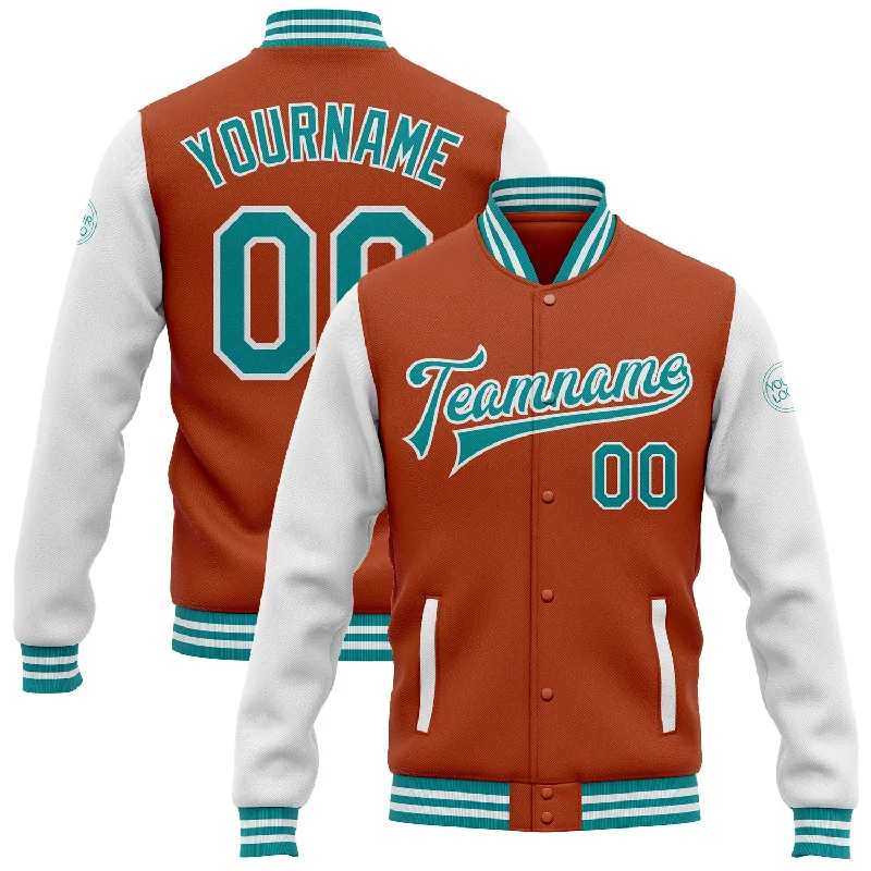 Fishing bait live pouch-Custom Texas Orange Teal-White Bomber Full-Snap Varsity Letterman Two Tone Jacket