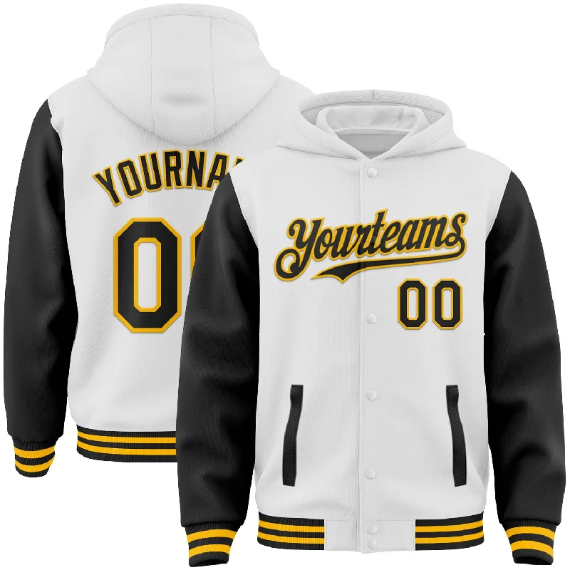 Fishing reel quick power-Custom White Black-Gold Bomber Full-Snap Varsity Letterman Two Tone Hoodie Jacket