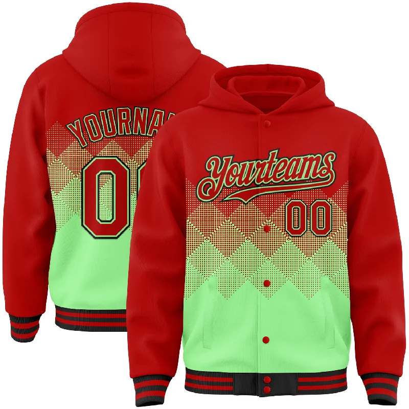 Fishing line spool control-Custom Red Pea Green-Black Gradient Square Shape 3D Pattern Design Bomber Full-Snap Varsity Letterman Hoodie Jacket