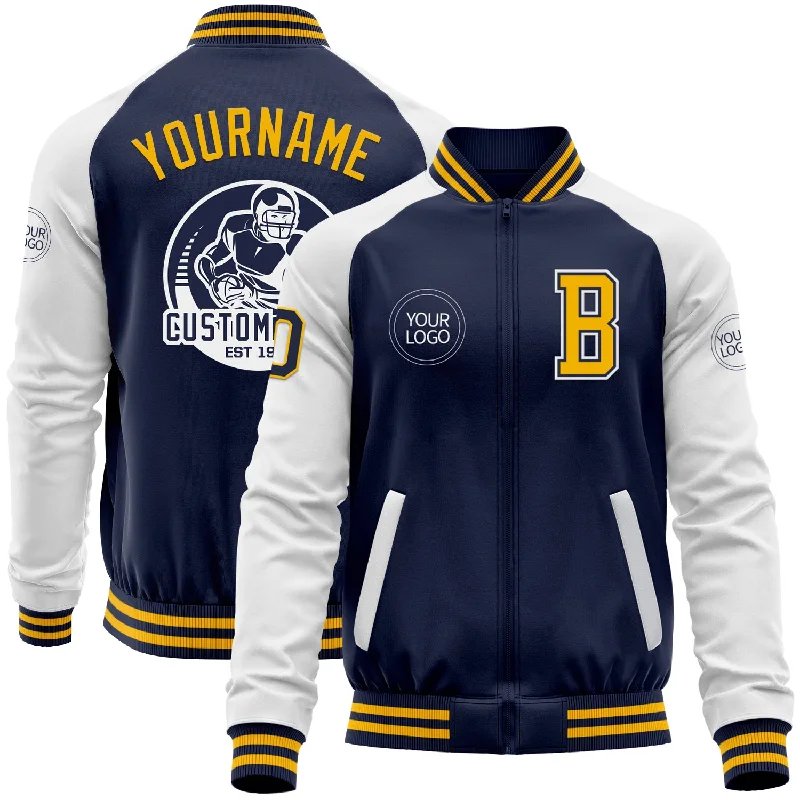 Fishing rod boat mount-Custom Navy Gold-White Bomber Varsity Letterman Two Tone Zipper Jacket