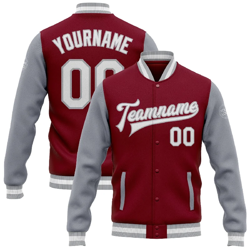 Fishing line thin spool-Custom Crimson White-Gray Bomber Full-Snap Varsity Letterman Two Tone Jacket