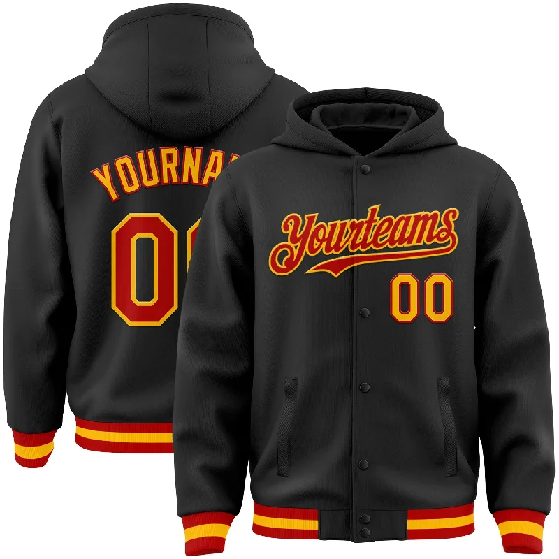 Fishing reel durable drag-Custom Black Red-Gold Bomber Full-Snap Varsity Letterman Hoodie Jacket