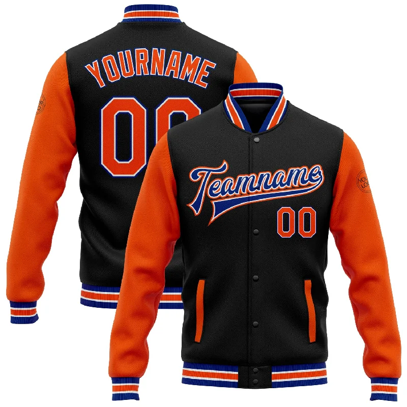 Fishing line cast hold-Custom Black Orange-Royal Bomber Full-Snap Varsity Letterman Two Tone Jacket