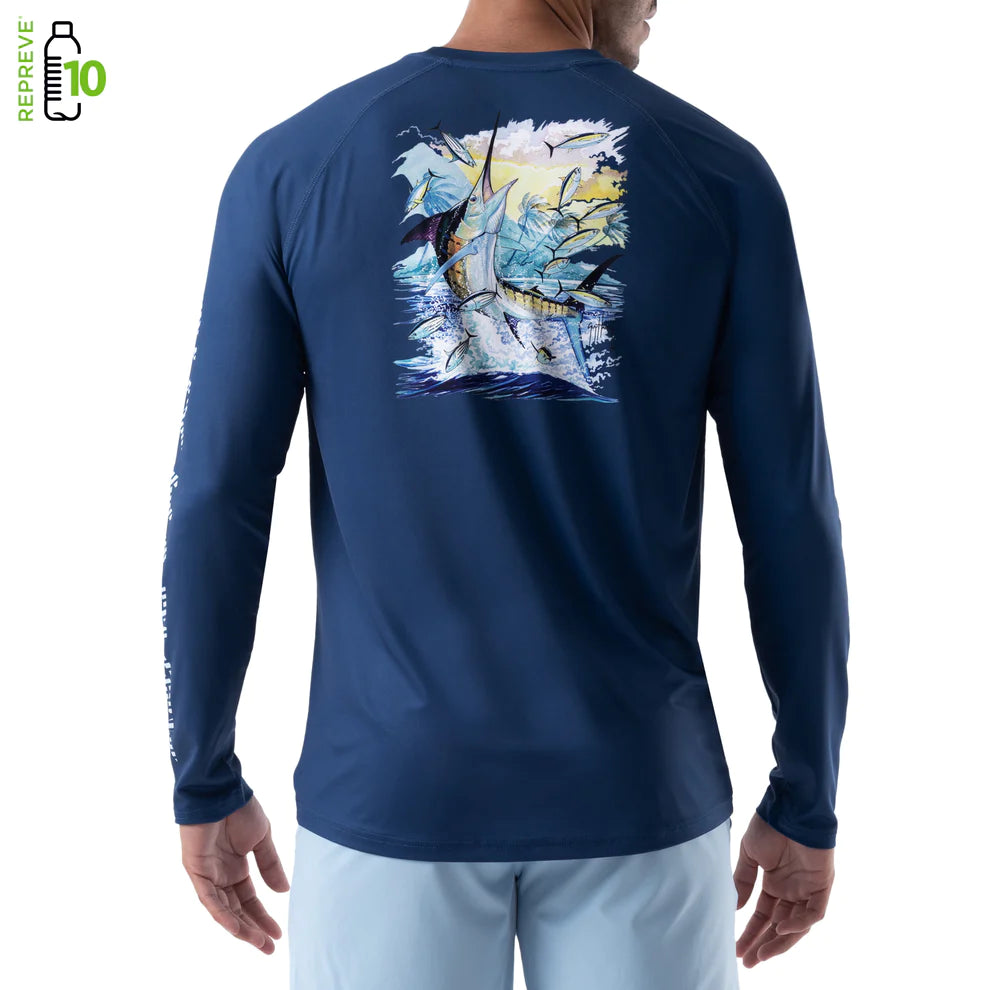 Fishing reel silent retrieve-Guy Harvey Men's On The Hunt Performance Raglan Sun Protection Top Estate Blue