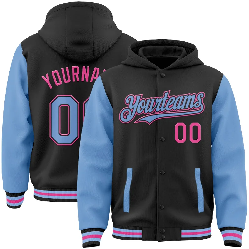 Fishing tackle soft pouch-Custom Black Light Blue-Pink Bomber Full-Snap Varsity Letterman Two Tone Hoodie Jacket