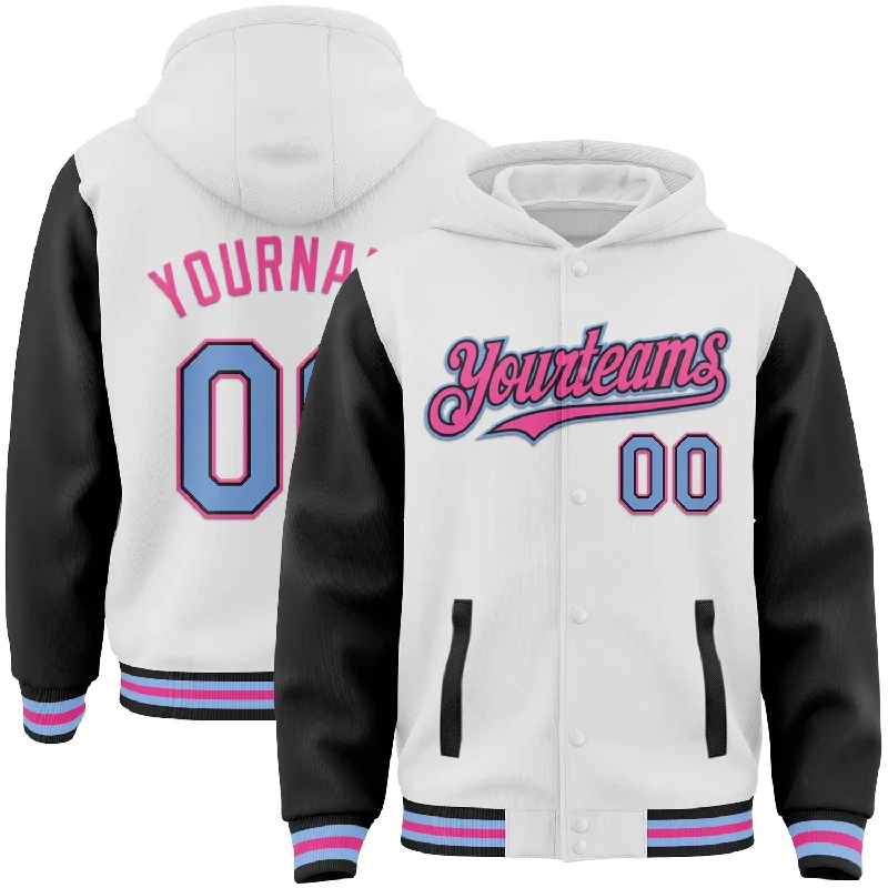 Fishing tackle rigid tray-Custom White Light Blue Black-Pink Bomber Full-Snap Varsity Letterman Two Tone Hoodie Jacket