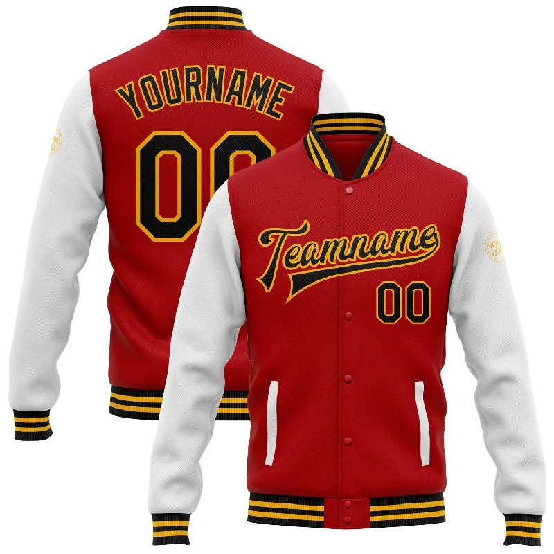 Fishing line smooth power-Custom Red Black-Gold Bomber Full-Snap Varsity Letterman Two Tone Jacket