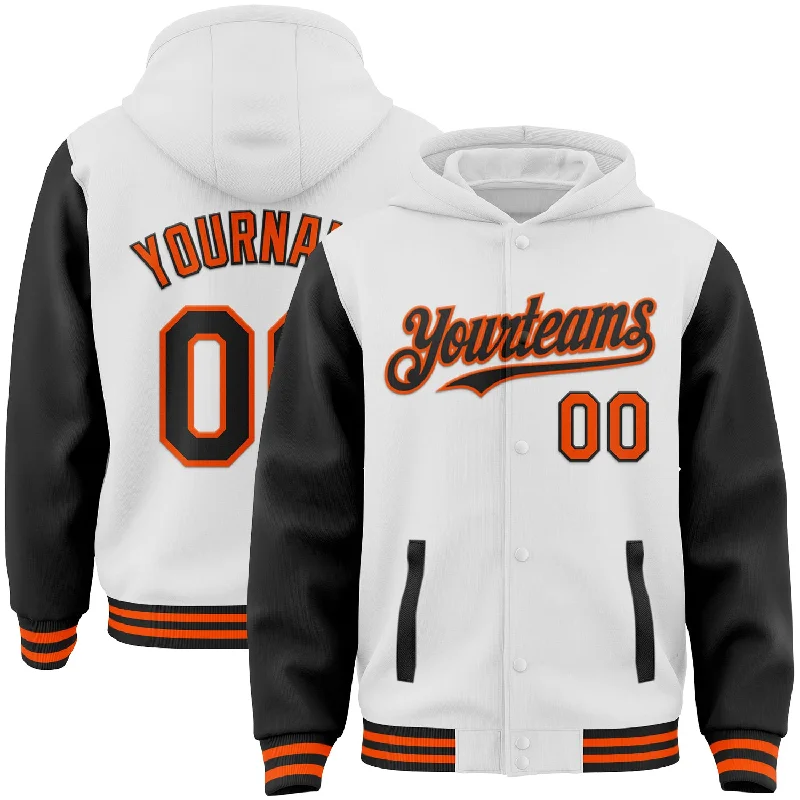 Fishing hook glow point-Custom White Black-Orange Bomber Full-Snap Varsity Letterman Two Tone Hoodie Jacket