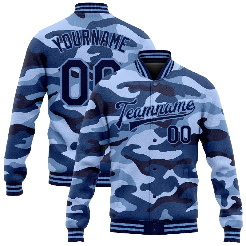 Fishing rod telescopic mount-Custom Camo Navy-Light Blue Ocean Camouflage 3D Bomber Full-Snap Varsity Letterman Salute To Service Jacket