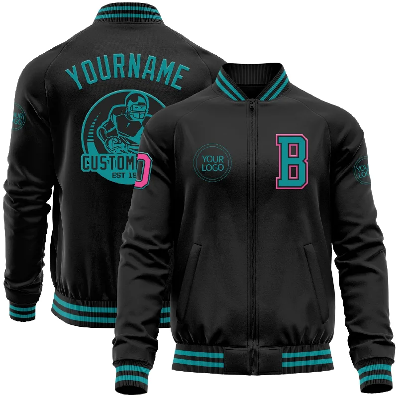 Fishing rod shore holder-Custom Black Teal-Pink Bomber Varsity Letterman Zipper Jacket