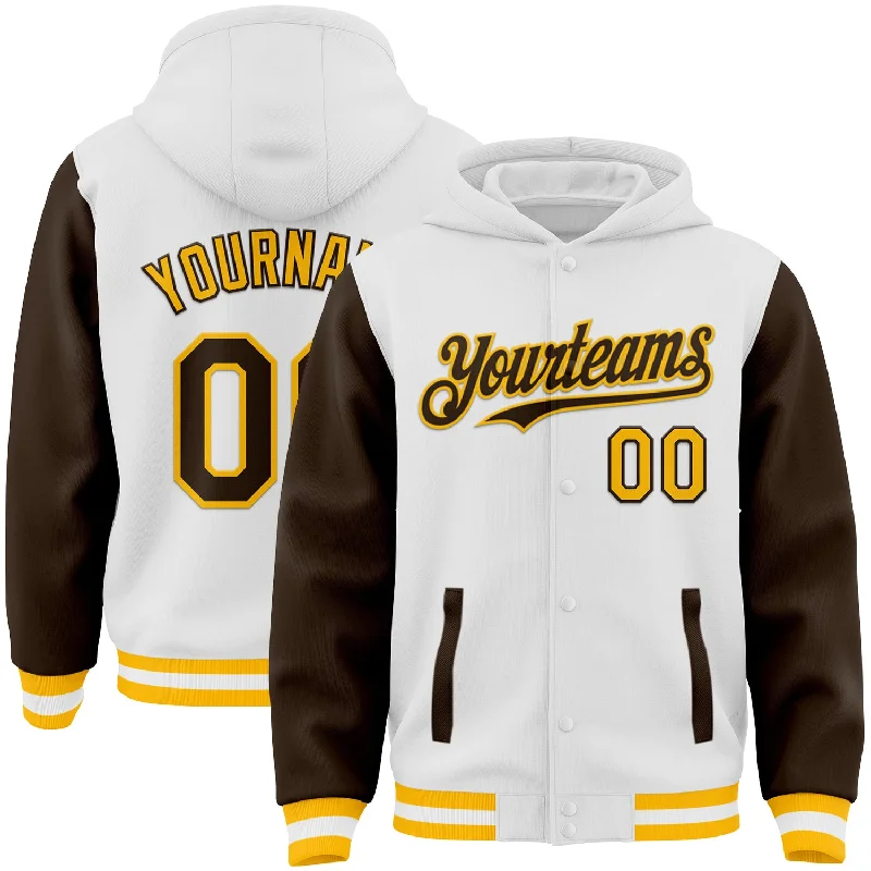 Fishing rod adjustable mount-Custom White Brown-Gold Bomber Full-Snap Varsity Letterman Two Tone Hoodie Jacket