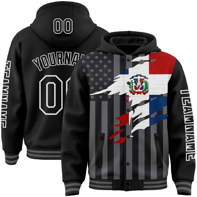 Fishing reel balanced power-Custom Black Gray-White Dominican Republic Flag 3D Bomber Full-Snap Varsity Letterman Hoodie Jacket