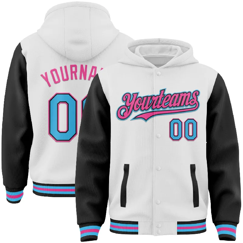 Fishing line knot power-Custom White Sky Blue Black-Pink Bomber Full-Snap Varsity Letterman Two Tone Hoodie Jacket