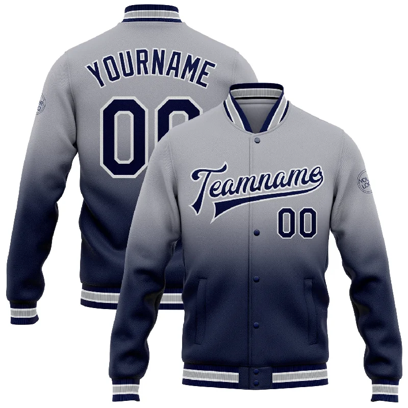 Fishing tackle side bag-Custom Gray Navy-White Bomber Full-Snap Varsity Letterman Fade Fashion Jacket