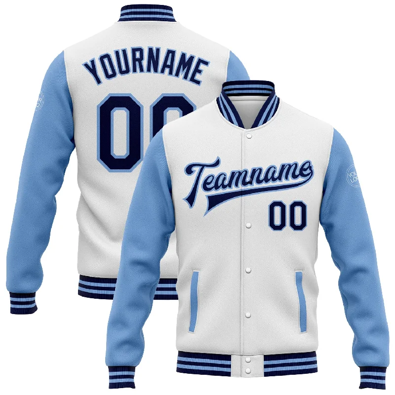 Fishing line spool power-Custom White Navy-Light Blue Bomber Full-Snap Varsity Letterman Two Tone Jacket