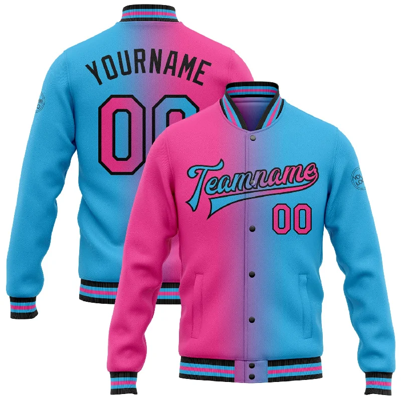 Spinning reel lightweight-Custom Sky Blue Pink-Black Bomber Full-Snap Varsity Letterman Gradient Fashion Jacket