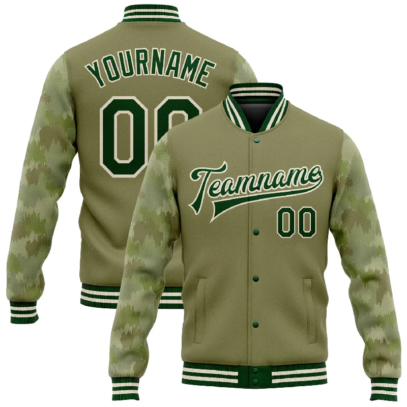 Fishing line thin grip-Custom Olive Green-Cream Camo Sleeves 3D Pattern Design Bomber Full-Snap Varsity Letterman Salute To Service Jacket