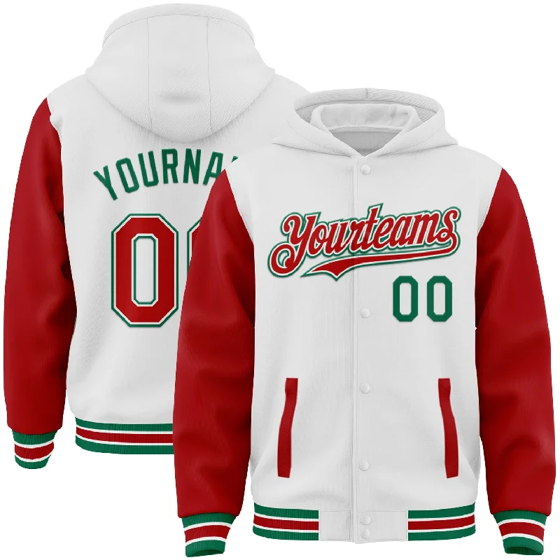 Fishing line knot tension-Custom White Red-Kelly Green Bomber Full-Snap Varsity Letterman Two Tone Hoodie Jacket