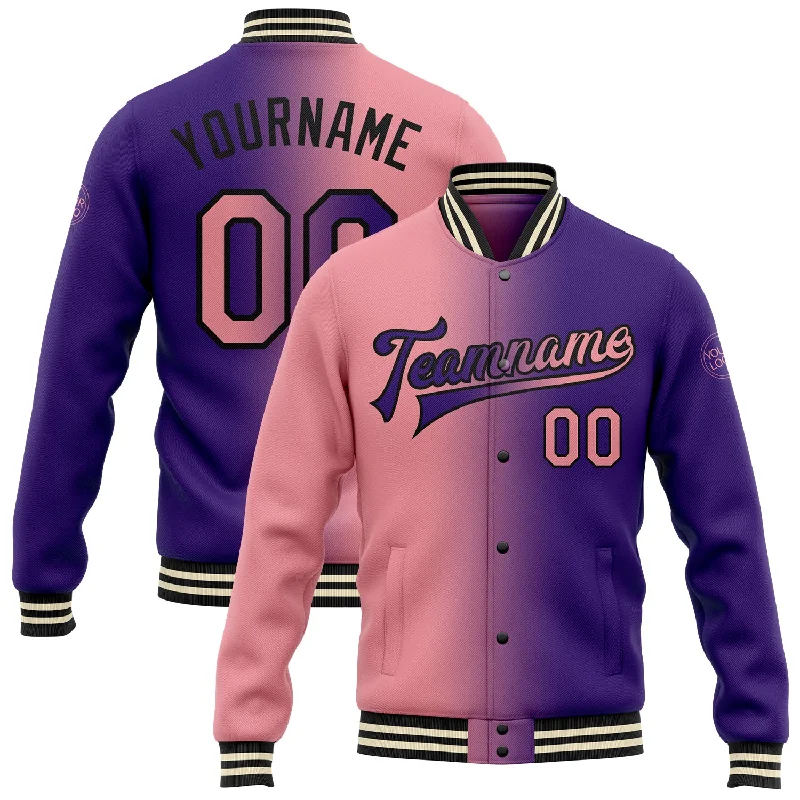 Fishing reel precision stability-Custom Purple Medium Pink-Black Bomber Full-Snap Varsity Letterman Gradient Fashion Jacket