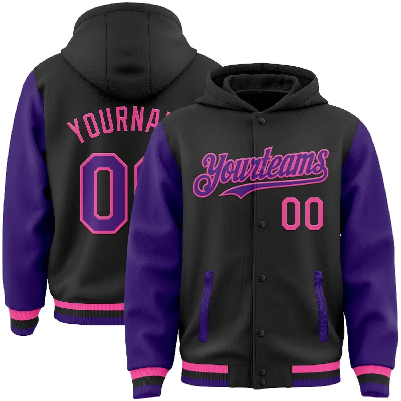 Fishing tackle utility pouch-Custom Black Purple-Pink Bomber Full-Snap Varsity Letterman Two Tone Hoodie Jacket