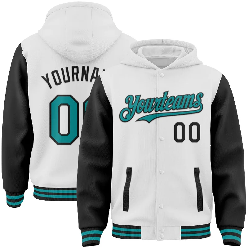 Fishing reel smooth power-Custom White Teal-Black Bomber Full-Snap Varsity Letterman Two Tone Hoodie Jacket