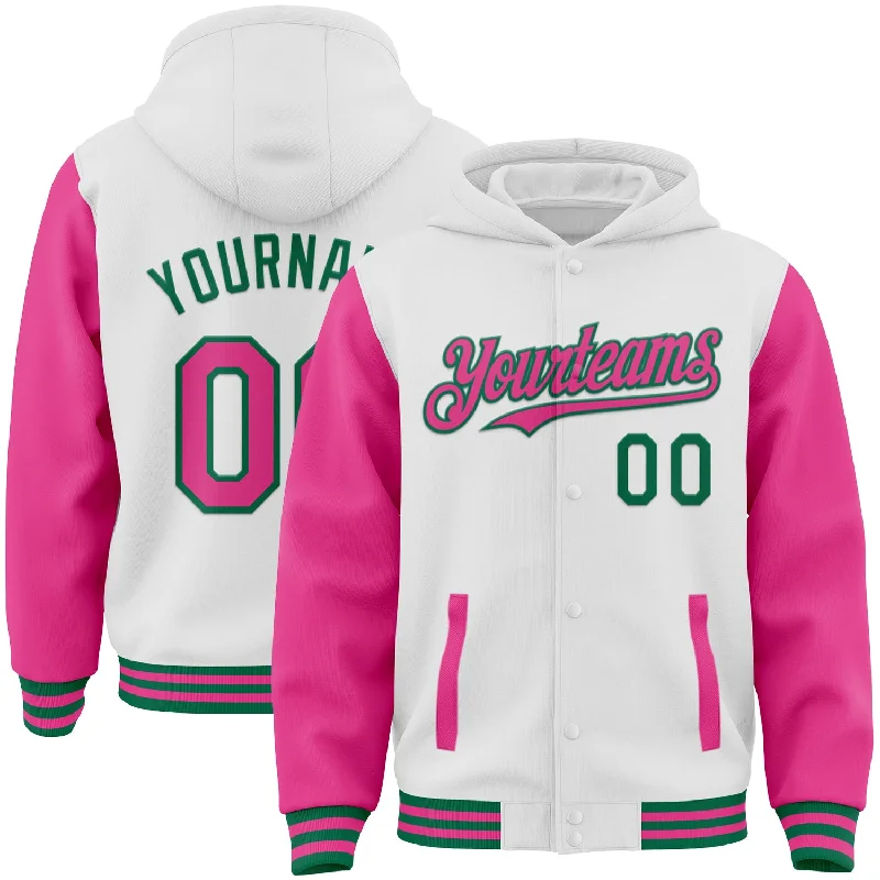 Fishing line smooth reach-Custom White Pink-Kelly Green Bomber Full-Snap Varsity Letterman Two Tone Hoodie Jacket