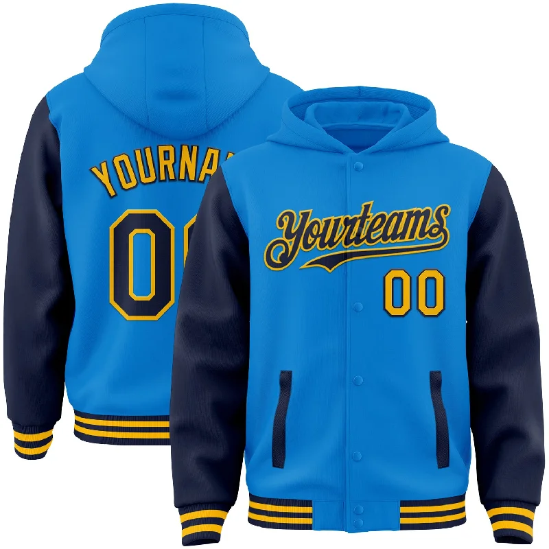 Fishing line cast smooth-Custom Powder Blue Navy-Gold Bomber Full-Snap Varsity Letterman Two Tone Hoodie Jacket