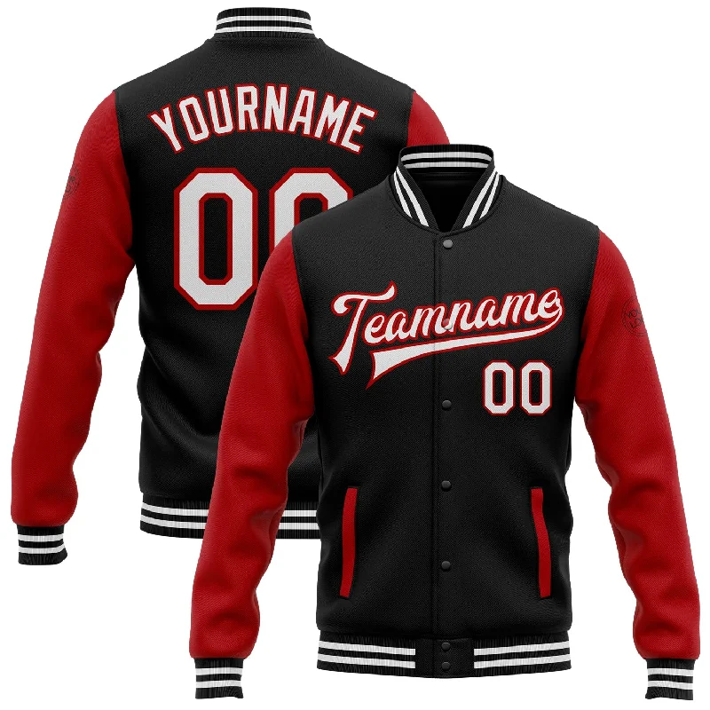 Fishing line knot enhancer-Custom Black White-Red Bomber Full-Snap Varsity Letterman Two Tone Jacket