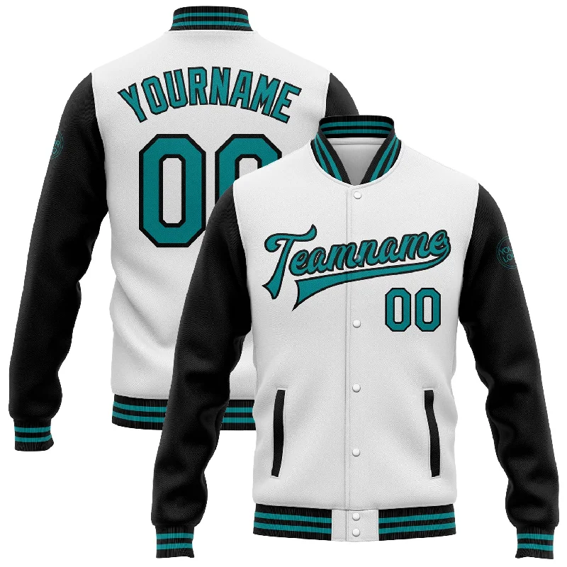 Fishing reel low grip-Custom White Teal-Black Bomber Full-Snap Varsity Letterman Two Tone Jacket