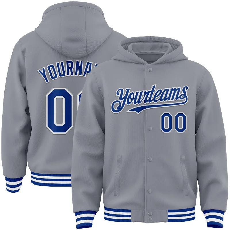 Fishing tackle rigid mount-Custom Gray Royal-White Bomber Full-Snap Varsity Letterman Hoodie Jacket