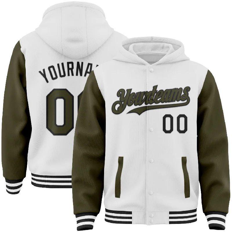 Fishing tackle durable tray-Custom White Olive-Black Bomber Full-Snap Varsity Letterman Two Tone Hoodie Jacket