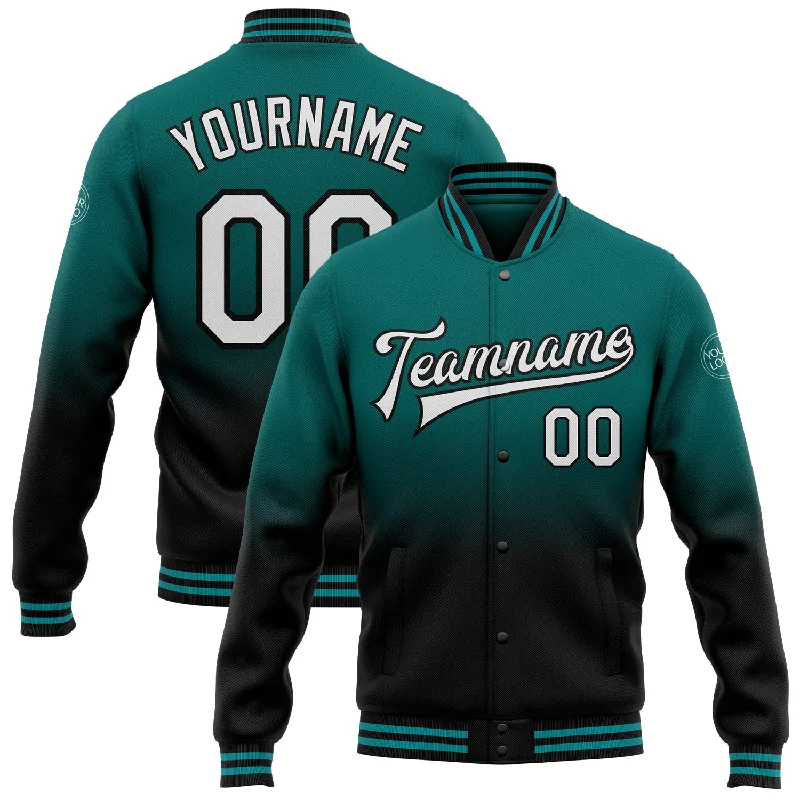 Fishing tackle side bag-Custom Teal White-Black Bomber Full-Snap Varsity Letterman Fade Fashion Jacket