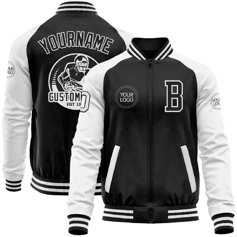 Fishing rod telescopic strap-Custom Black White Bomber Varsity Letterman Two Tone Zipper Jacket