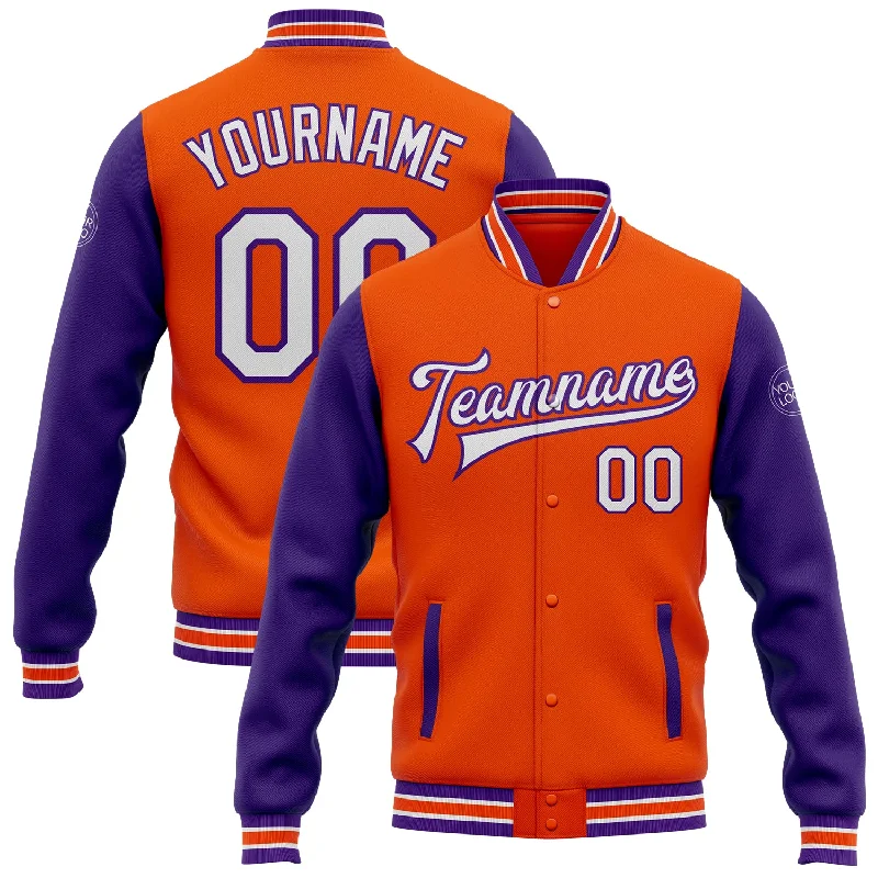 Fishing reel smooth grip-Custom Orange White-Purple Bomber Full-Snap Varsity Letterman Two Tone Jacket