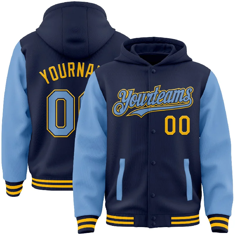 Fishing line knotless tie-Custom Navy Light Blue-Gold Bomber Full-Snap Varsity Letterman Two Tone Hoodie Jacket