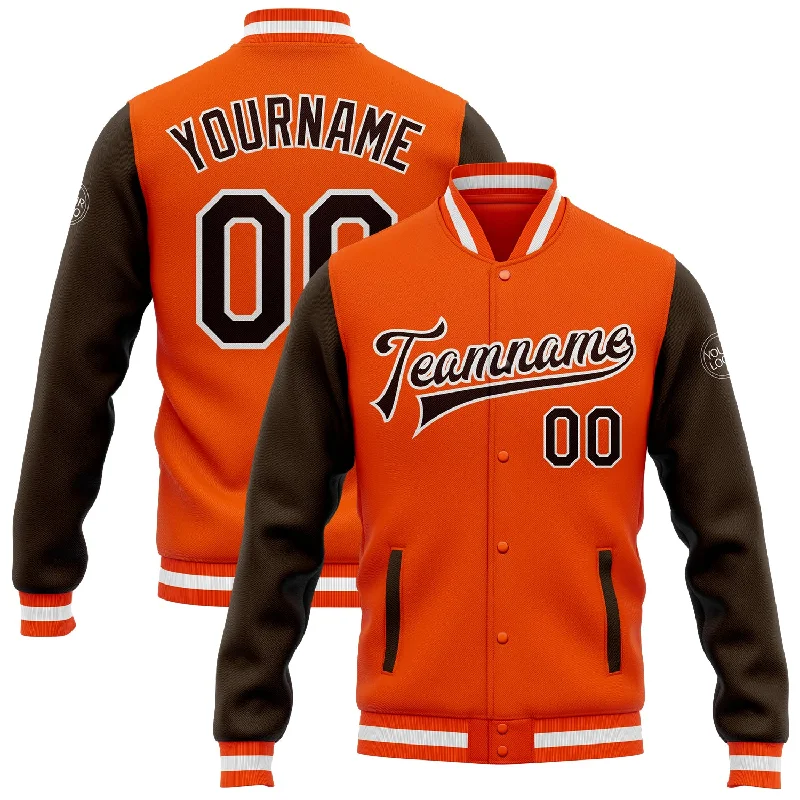 Fishing hook rust guard-Custom Orange Brown-White Bomber Full-Snap Varsity Letterman Two Tone Jacket