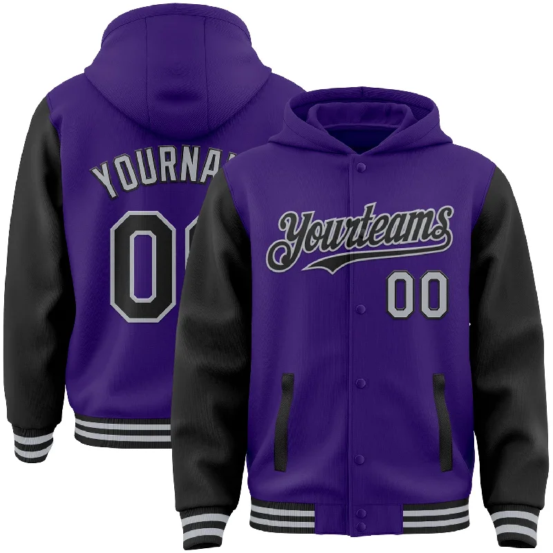 Fishing rod ice combo-Custom Purple Black-Gray Bomber Full-Snap Varsity Letterman Two Tone Hoodie Jacket