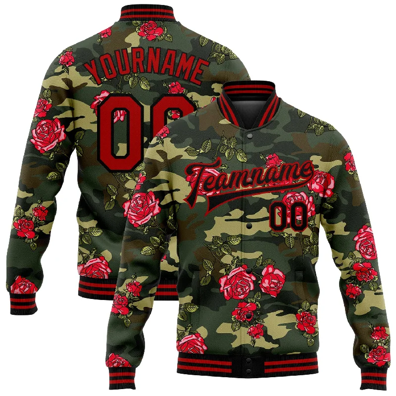 Fishing hook snag proof-Custom Camo Red-Black Rose 3D Pattern Design Bomber Full-Snap Varsity Letterman Salute To Service Jacket