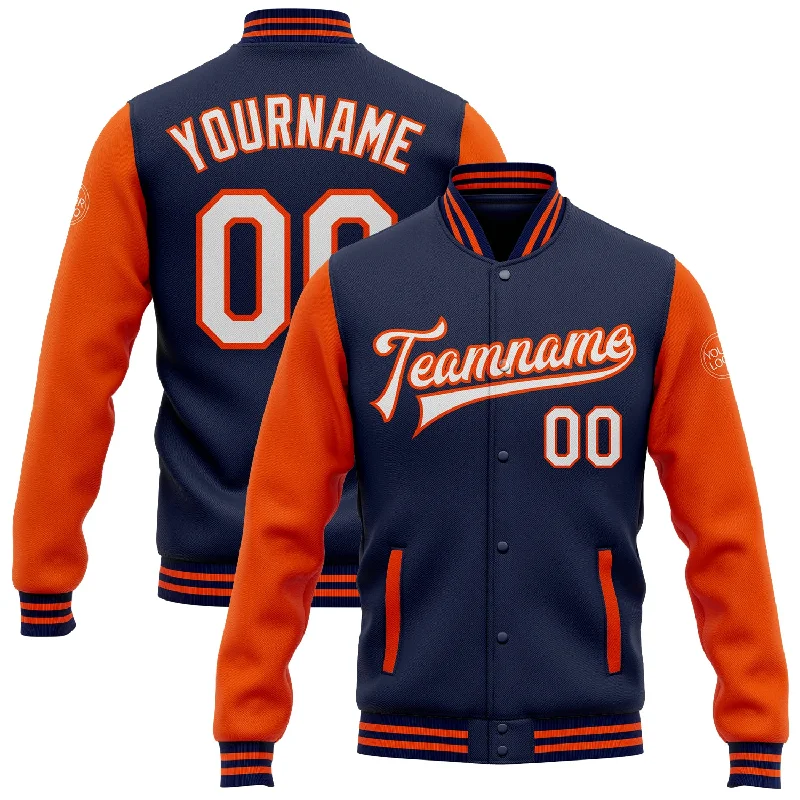 Fishing tackle stackable mount-Custom Navy White-Orange Bomber Full-Snap Varsity Letterman Two Tone Jacket