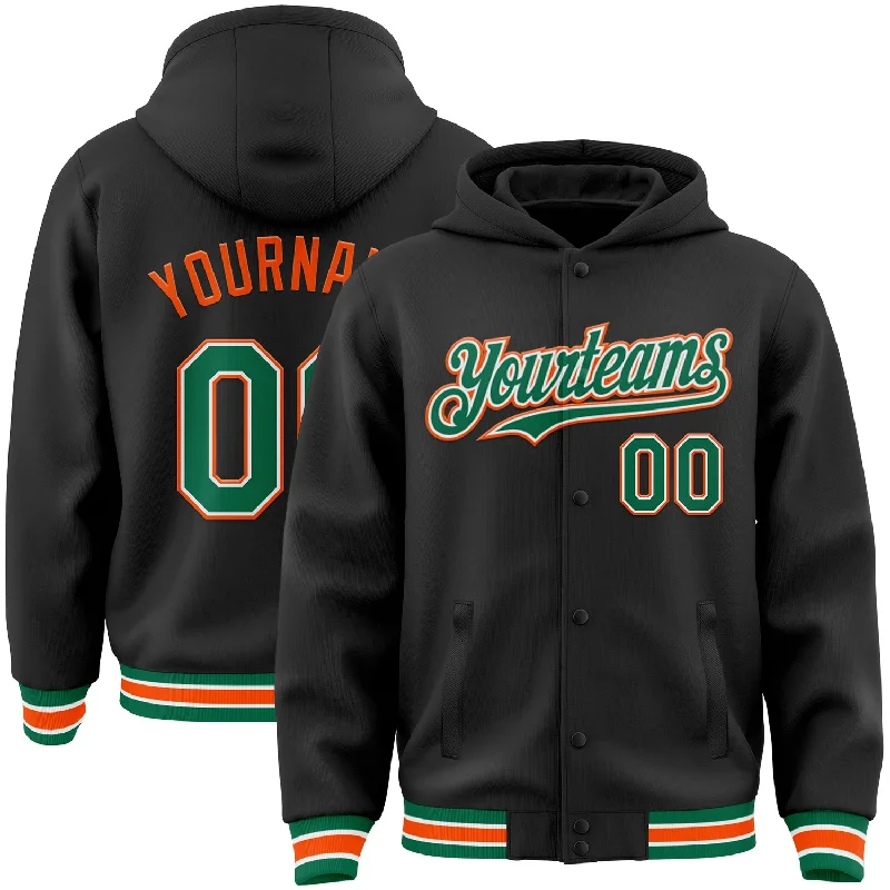 Fishing rod portable rack-Custom Black Kelly Green-Orange Bomber Full-Snap Varsity Letterman Hoodie Jacket