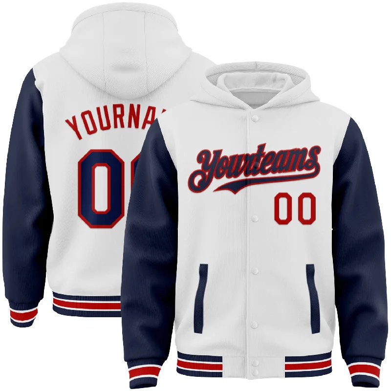 Fishing line cast strength-Custom White Navy-Red Bomber Full-Snap Varsity Letterman Two Tone Hoodie Jacket